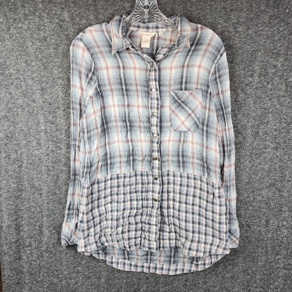 Sundance Button Down Shirt Women Medium Blue Plaid Mixed Pattern Snap Western